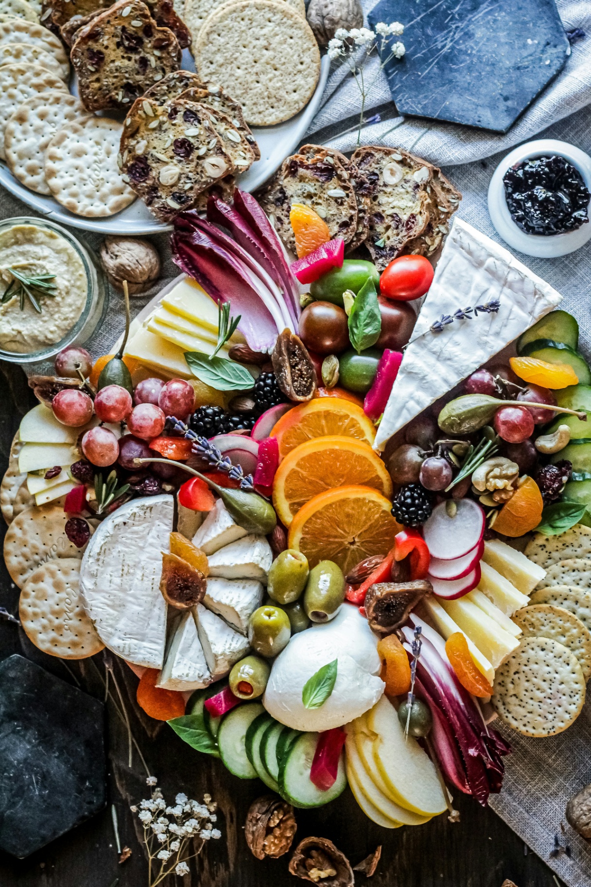 Styled charcuterie board with cheese and fruit
